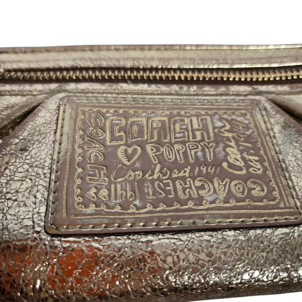 Coach Poppy Wallet Wristlet Gold Champagne Crinkle Leather Metallic Branded Zip